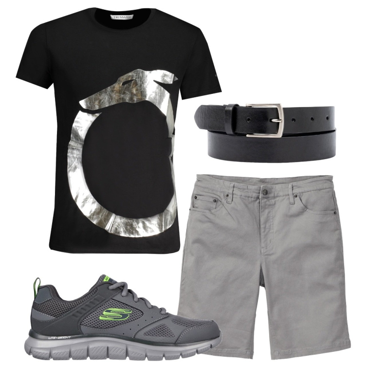 Outfit uomo - Argento. Stile Urban per Tutti i giorni. Abbinamento con bermuda, cinture, t-shirt, sneakers.
