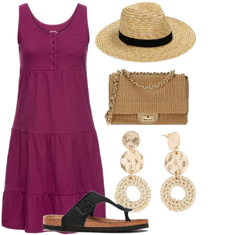 Outfit donna - I look must have per l\'estate. Stile Basic per Tutti i giorni. Abbinamento con vestiti corti, infradito, orecchini, cappelli, borse a tracolla.