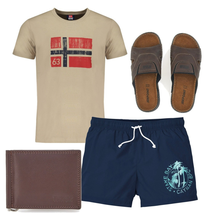 Outfit uomo - Freedom. Stile Casual per Tutti i giorni. Abbinamento con pantaloni corti, t-shirt, sandali, portafogli.