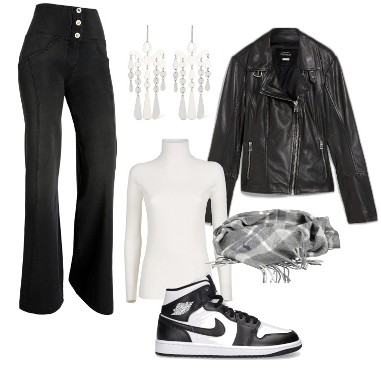 Outfit donna - Einfach. Stile Casual per Tutti i giorni. Abbinamento con blazer, pantaloni a palazzo, maglieria, sneakers, orecchini, sciarpe.