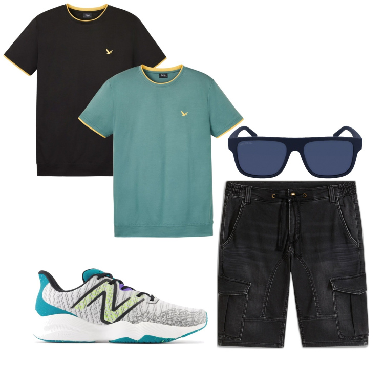 Outfit uomo - In centro. Stile Casual per Tutti i giorni. Abbinamento con t-shirt, bermuda, sneakers, occhiali da sole.