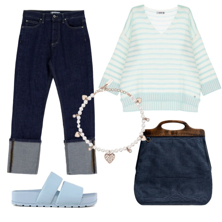 Outfit donna - Ester: estate sui colli fiorentini. Stile Casual per Tutti i giorni. Abbinamento con braccialetti, jeans slim fit, pullovers, ciabatte, borse a tracolla.