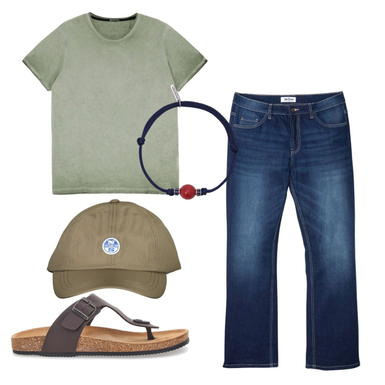 Outfit uomo - Infradito e jeans. Stile Casual per Tutti i giorni. Abbinamento con jeans bootcut, braccialetti, t-shirt, cappelli con visiera, sandali.