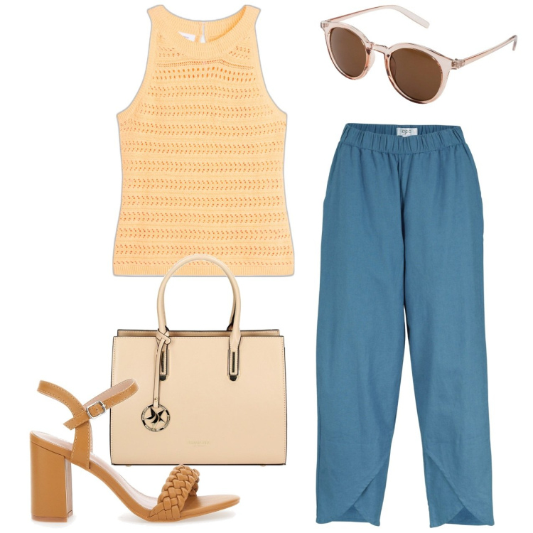 Outfit donna - In ufficio. Stile Bon Ton per Ufficio. Abbinamento con pantaloni, top, occhiali da sole, borse a mano, sandali col tacco.