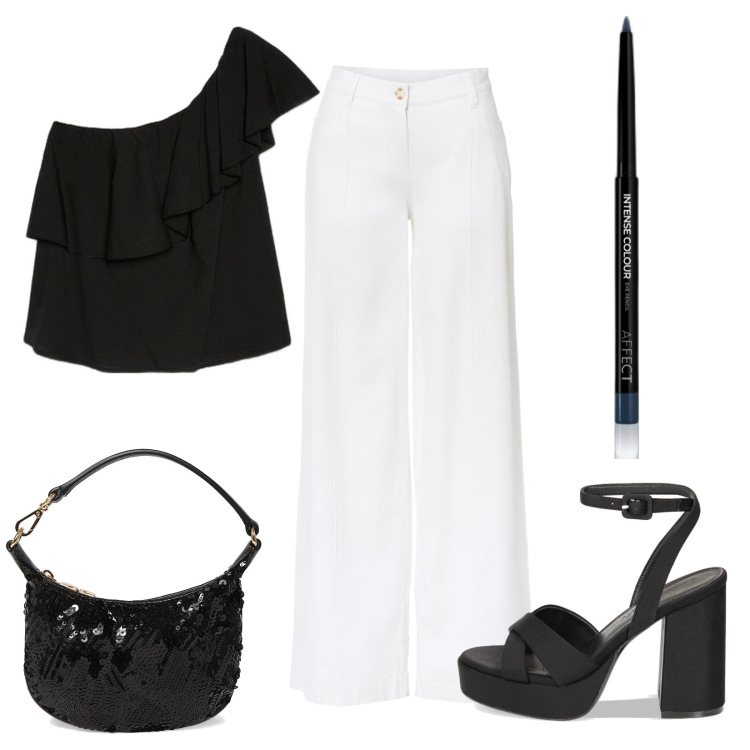 Outfit donna - Black and White per l\'estate. Stile Chic per Serata fuori. Abbinamento con pantaloni a palazzo, eyeliner, sandali col tacco, pochette, top.