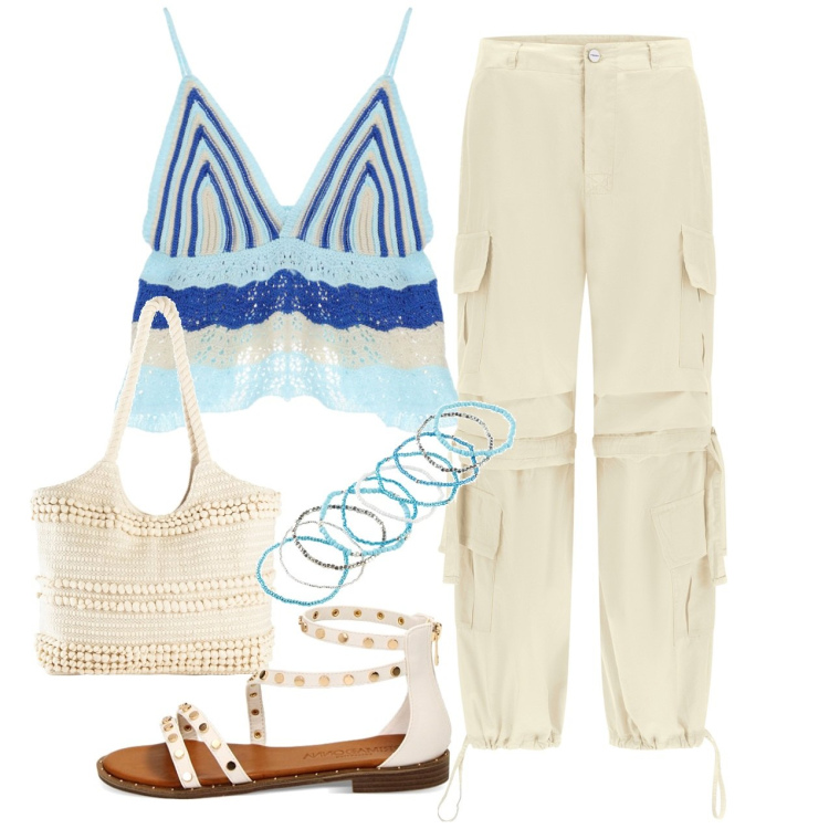 Outfit donna - Crochet e cargo. Stile Urban per Tutti i giorni. Abbinamento con shopping bag, braccialetti, top, sandali, pantaloni cargo.