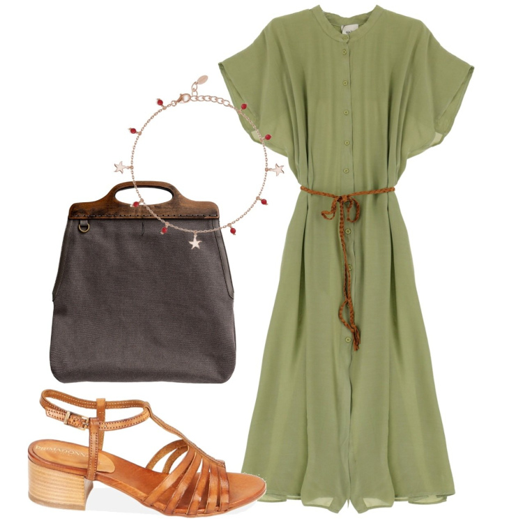 Outfit donna - Svolazzante. Stile Bon Ton per Tutti i giorni. Abbinamento con braccialetti con ciondoli, vestiti midi/longuette, sandali in pelle, borse a tracolla.