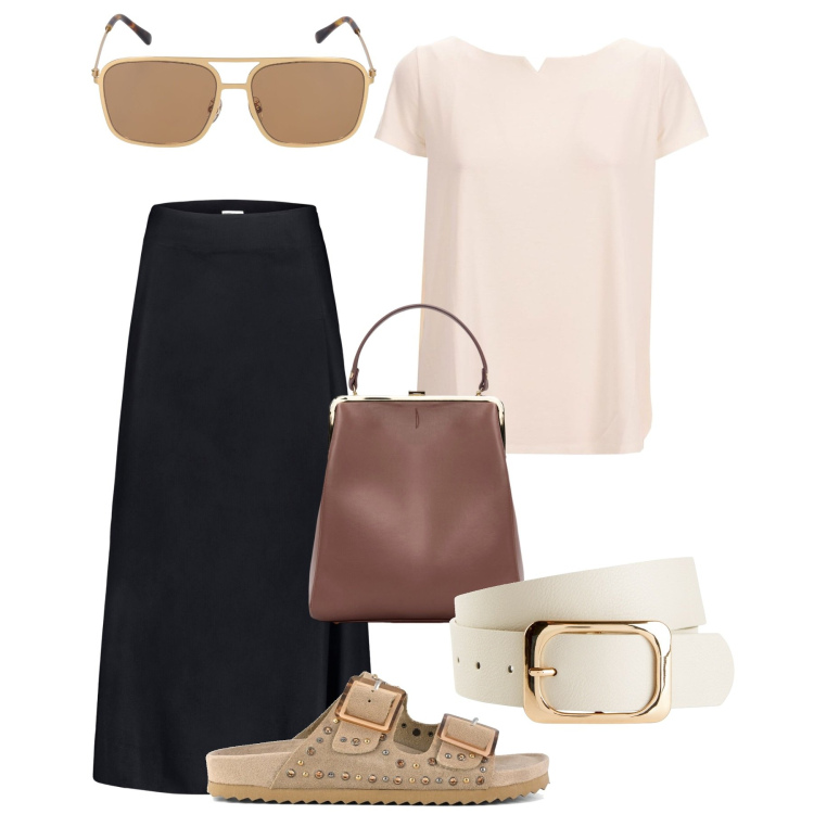 Outfit donna - Stile da vendere. Stile Bon Ton per Tutti i giorni. Abbinamento con cinture, gonne longuette, borse a spalla, sandali, t-shirt, occhiali da sole.