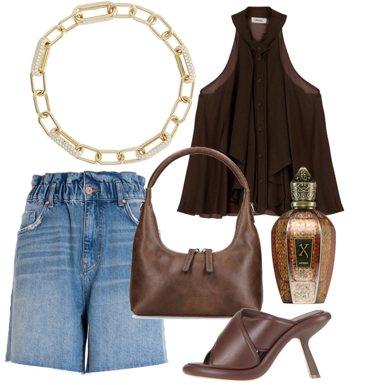 Outfit donna - Moka sera. Stile Casual chic per Serata fuori. Abbinamento con sandali in pelle, profumi, braccialetti, bermuda, top, borse a mano.