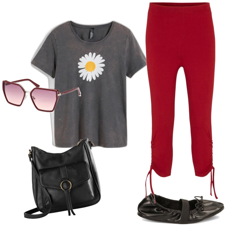 Outfit donna - Rosso tutti i giorni. Stile Casual per Tutti i giorni. Abbinamento con t-shirt, borse a tracolla, leggings, ballerine, occhiali da sole.