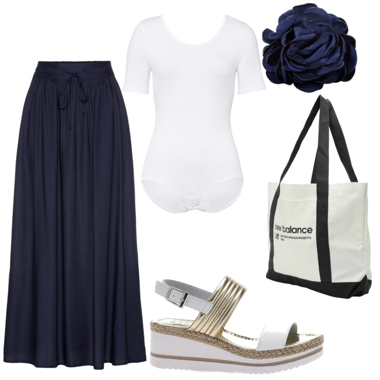 Outfit donna - Una rosa blu. Stile Casual per Tutti i giorni. Abbinamento con gonne lunghe, body, borse tote, braccialetti, sandali in pelle.