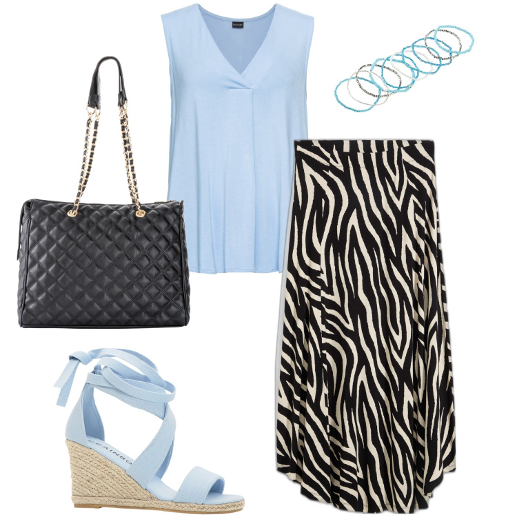 Outfit donna - Zebra e color. Stile Casual per Serata fuori. Abbinamento con shopping bag, top, gonne, sandali, braccialetti.