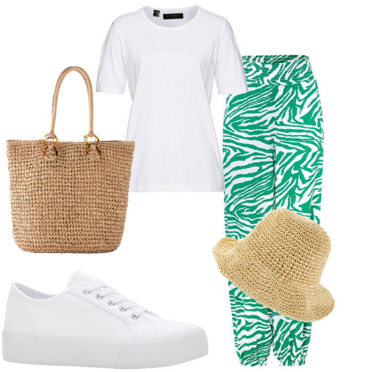 Outfit donna - Zebra e color. Stile Casual per Tutti i giorni. Abbinamento con sneakers, cappelli, pantaloni a palazzo, shopping bag, t-shirt.