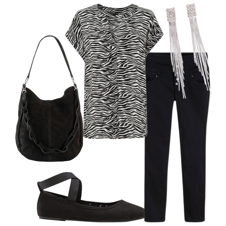 Outfit donna - Zebra e color. Stile Minimal per Serata fuori. Abbinamento con pantaloni skinny, ballerine, bluse, orecchini, borse a mano.