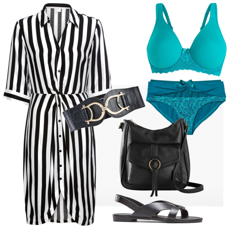 Outfit donna - Zebra crossing. Stile Minimal per Tutti i giorni. Abbinamento con sandali, vestiti chemisier, borse a tracolla, slip, cinture, reggiseni.