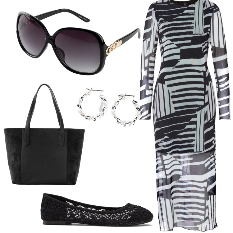 Outfit donna - Zebra e color. Stile Casual chic per Serata fuori. Abbinamento con ballerine, orecchini, occhiali da sole, shopping bag, vestiti.