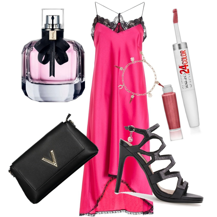 Outfit donna - Sogno di mezza estate. Stile Chic per Serata fuori. Abbinamento con profumi, rossetti, braccialetti, vestiti midi/longuette, sandali col tacco, collane.