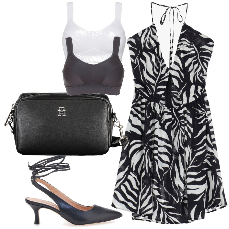 Outfit donna - Invitata al ristorante. Stile Bon Ton per Serata fuori. Abbinamento con reggiseni, vestiti corti, décolleté, borse a tracolla.