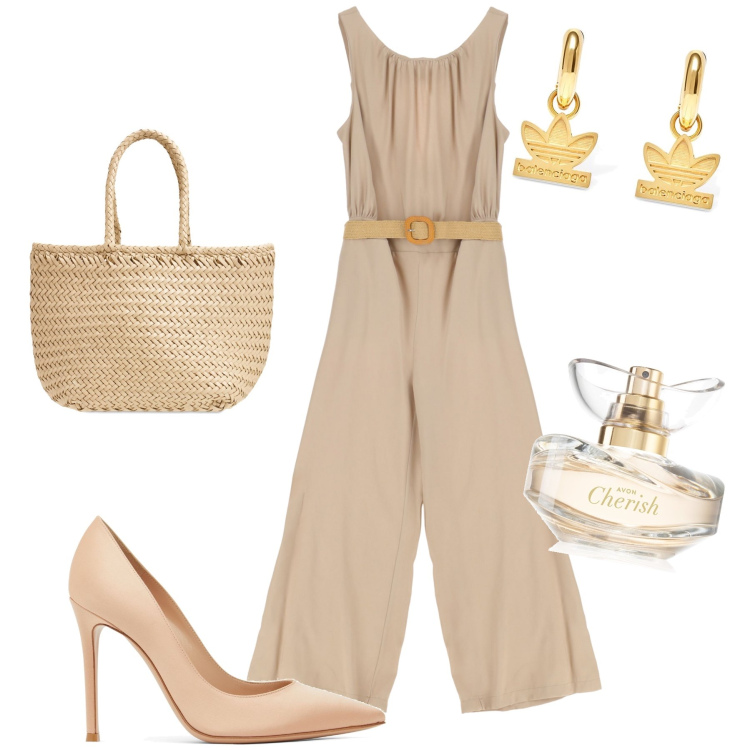 Outfit donna - Una tuta per cena chic. Stile Glamour per Serata fuori. Abbinamento con profumi, tute, borse a mano, décolleté, orecchini.