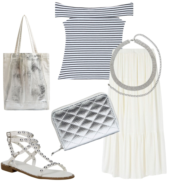 Outfit donna - Terranova. Stile Boho per Tutti i giorni. Abbinamento con cinture, gonne lunghe, top, sandali, shopping bag, portafogli.