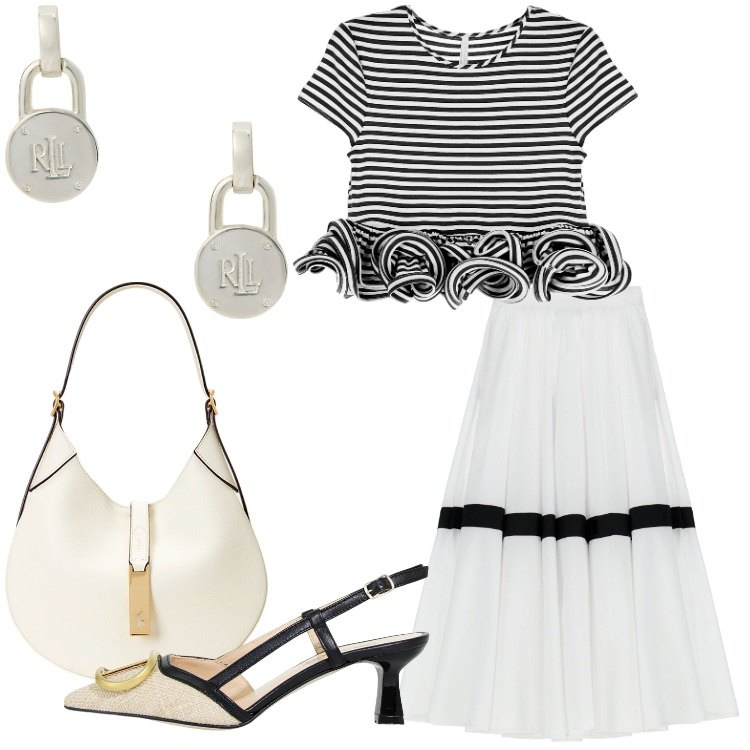 Outfit donna - Imperial - Summer Sale. Stile Bon Ton per Ufficio. Abbinamento con gonne lunghe, t-shirt, sandali in pelle, orecchini, borse a spalla.