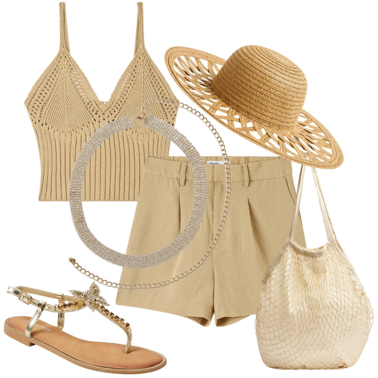 Outfit donna - Terranova. Stile Casual per Mare. Abbinamento con bermuda, top, borse a tracolla, sandali gioiello, cappelli, collane.