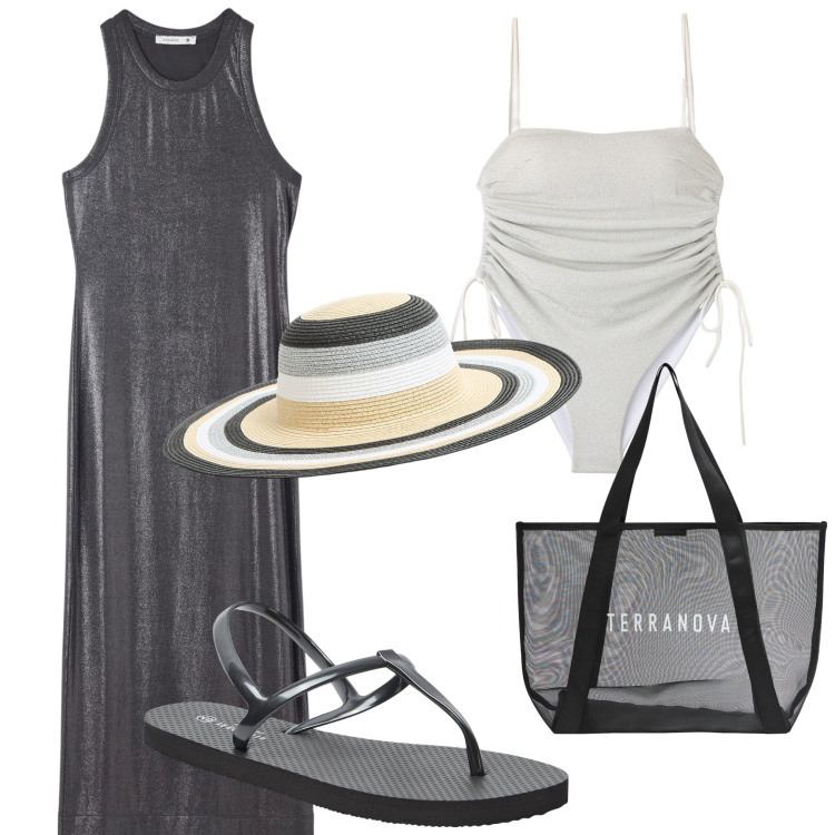 Outfit donna - Terranova al mare. Stile Casual per Mare. Abbinamento con vestiti midi/longuette, sandali, costumi interi, cappelli, shopping bag.