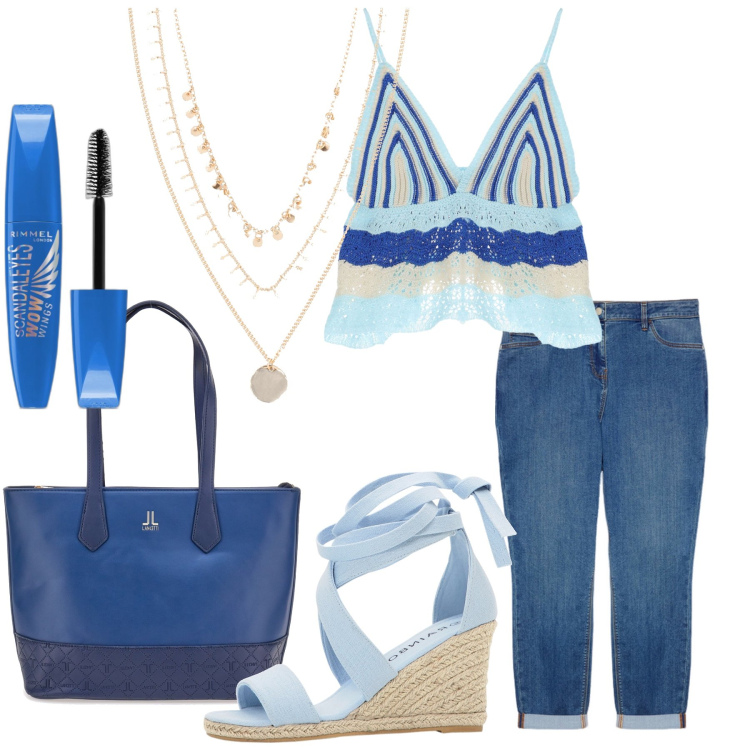 Outfit donna - Summer. Stile Trendy per Tutti i giorni. Abbinamento con collane, sandali, mascara, top, jeans, borse a spalla.