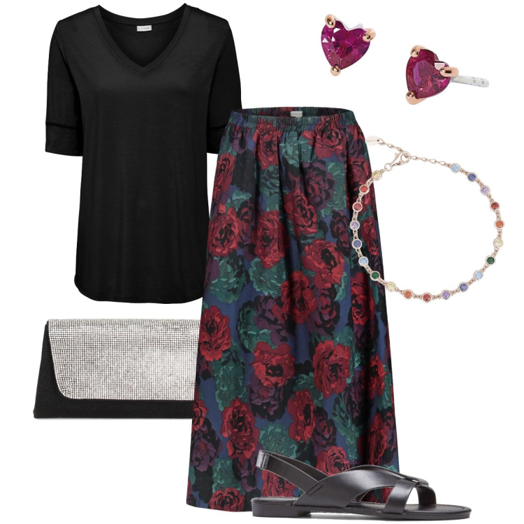 Outfit donna - Serata estiva. Stile Bon Ton per Serata fuori. Abbinamento con sandali, t-shirt, orecchini, braccialetti, pochette, gonne.