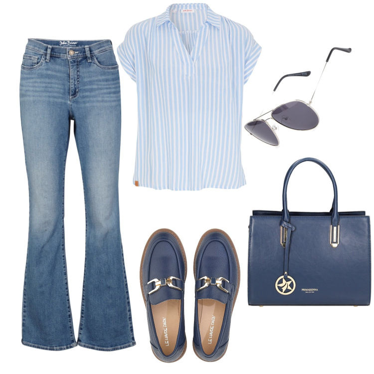 Outfit donna - Semplice con stile. Stile Minimal per Tutti i giorni. Abbinamento con bluse, jeans bootcut, borse a mano, mocassini, occhiali da sole.