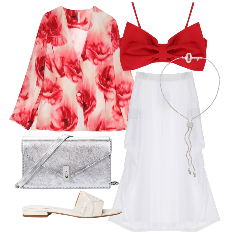 Outfit donna - Ghost outfitter - luglio. Stile Glamour per Serata fuori. Abbinamento con top, gonne lunghe, blazer, braccialetti, sandali in pelle, clutch.