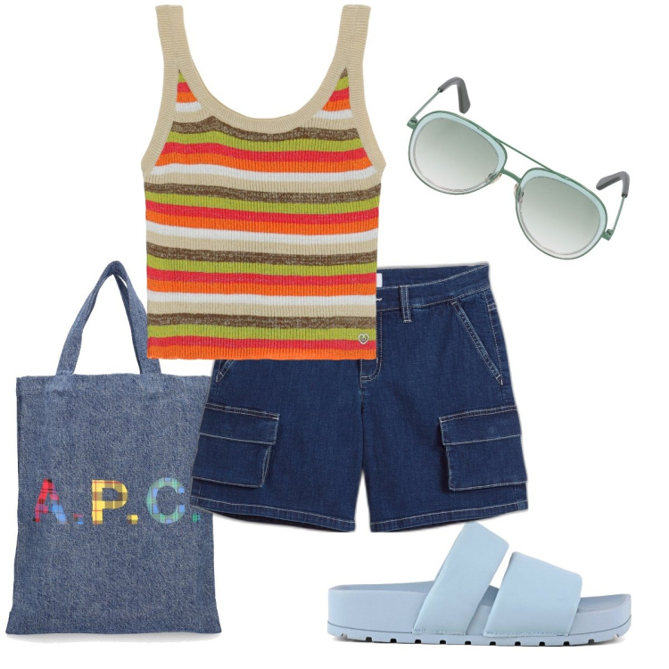 Outfit donna - Il top a righe colorate. Stile Sporty chic per Mare. Abbinamento con shorts, maglieria, ciabatte, shopping bag, occhiali da sole.
