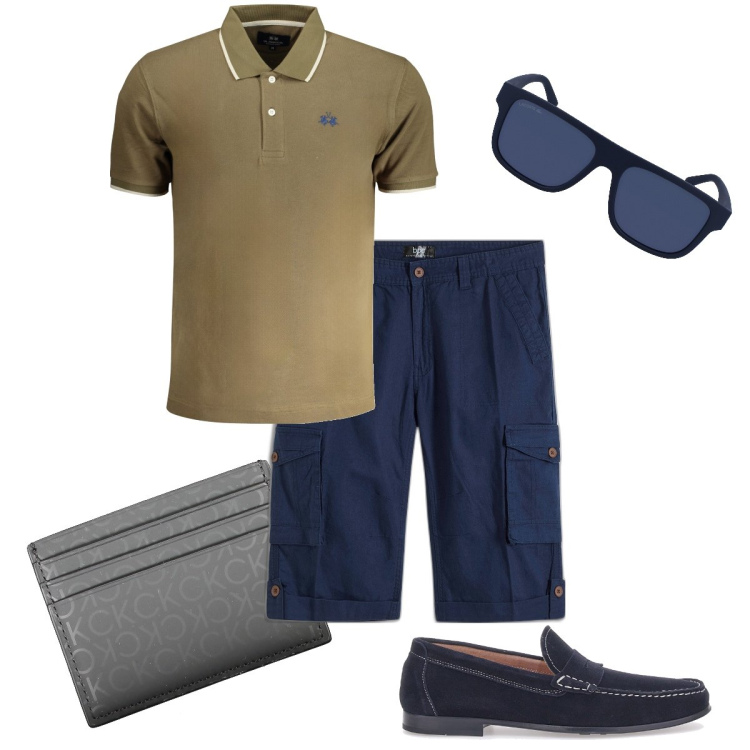 Outfit uomo - Polo e bermuda. Stile Business/Elegante per Serata speciale. Abbinamento con bermuda, polo, scarpe stringate, occhiali da sole, portafogli.