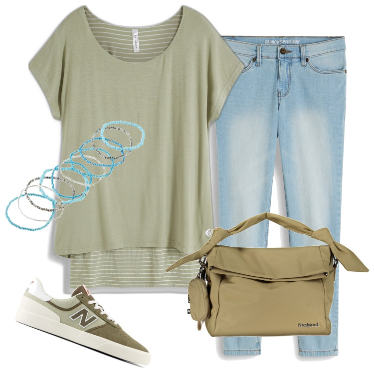Outfit donna - On the road. Stile Casual per Tutti i giorni. Abbinamento con jeans skinny, maglieria, braccialetti, sneakers, borse a spalla.