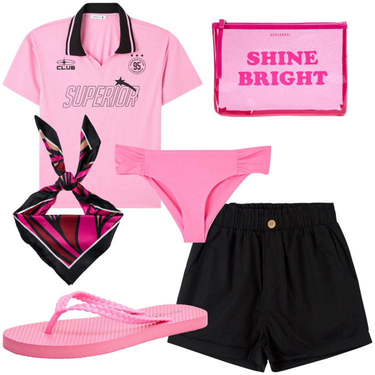 Outfit donna - Al mare. Stile Casual per Mare. Abbinamento con pantaloni corti, polo, bikini, infradito, foulard, costumi.