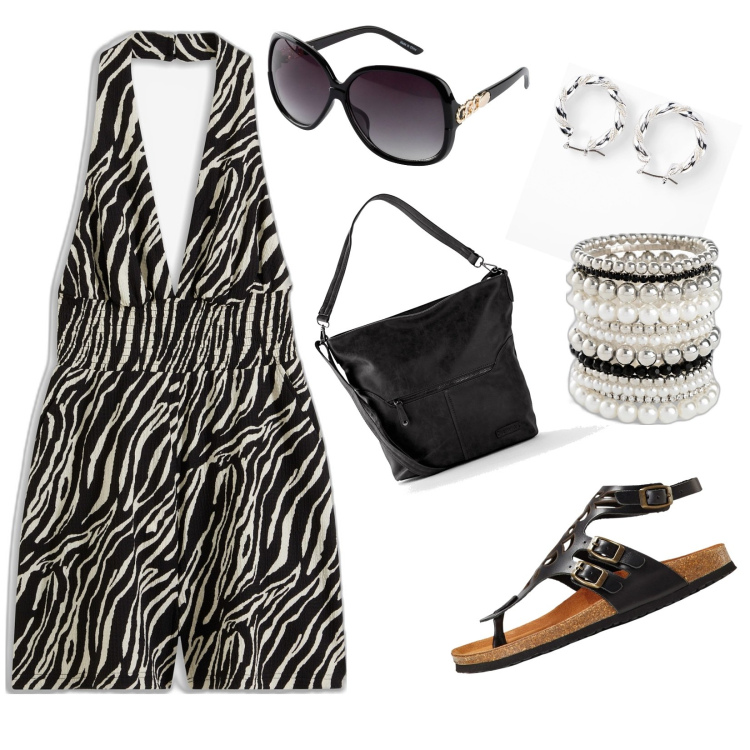 Outfit donna - Total look #1910533. Abbinamento con sandali in pelle, braccialetti, orecchini, occhiali da sole, tute, borse a tracolla.