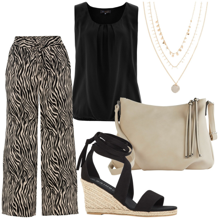 Outfit donna - Pantaloni zebrati. Stile Etnico per Tutti i giorni. Abbinamento con top, pantaloni culotte, collane, borse a tracolla, sandali.