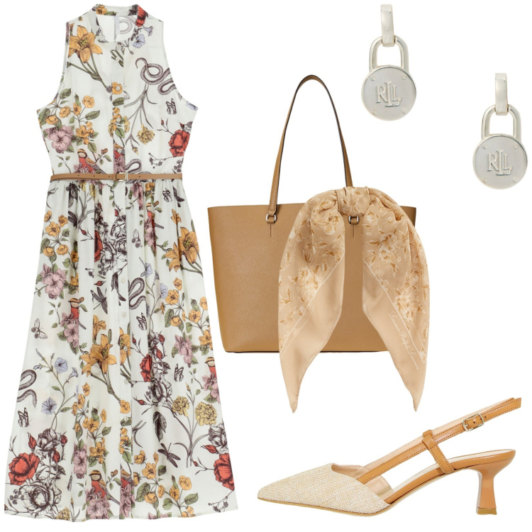 Outfit donna - Total look #1910546. Stile Vintage retrò per Tutti i giorni. Abbinamento con vestiti lunghi, sandali col tacco, orecchini, foulard, borse tote.