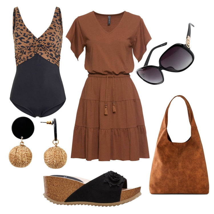 Outfit donna - Spruzzata animalier sul costume. Stile Boho per Mare. Abbinamento con costumi interi, occhiali da sole, orecchini, vestiti, sandali, shopping bag.