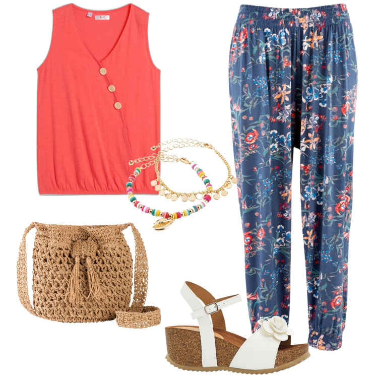 Outfit donna - Bonprix style. Stile Casual per Tutti i giorni. Abbinamento con pantaloni, top, sandali, borse a tracolla, braccialetti con ciondoli.