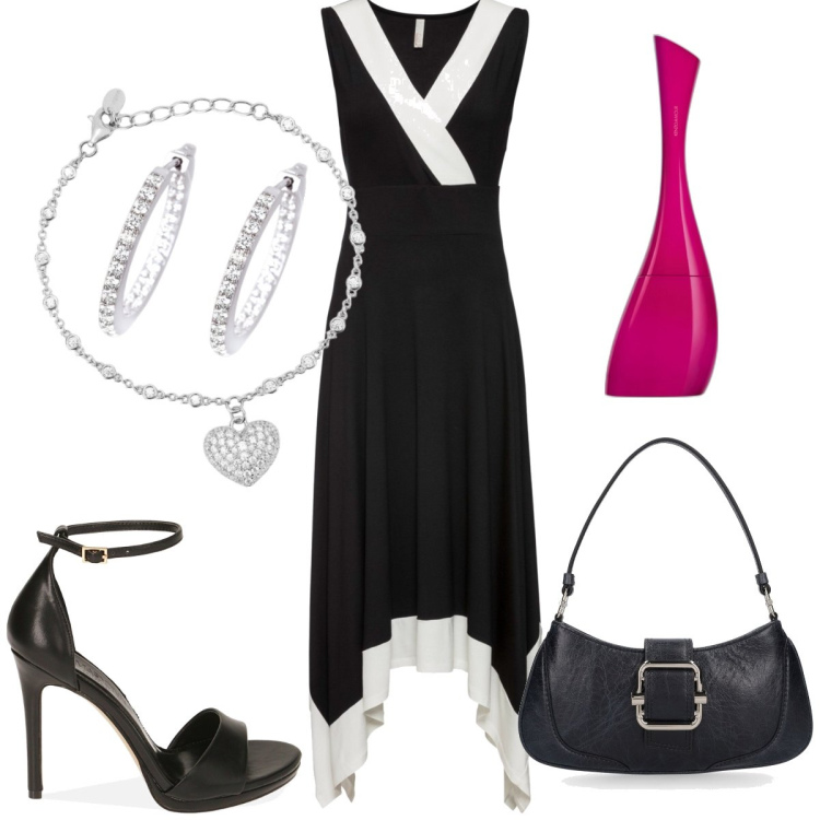 Outfit donna - Serata fuori. Stile Chic per Serata fuori. Abbinamento con vestiti midi/longuette, profumi, orecchini, braccialetti, sandali col tacco, borse a spalla.