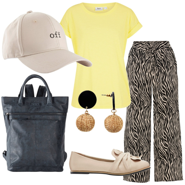 Outfit donna - Pantaloni zebrati. Stile Chic per Sport. Abbinamento con t-shirt, pantaloni culotte, orecchini, cappelli con visiera, zaini, mocassini.