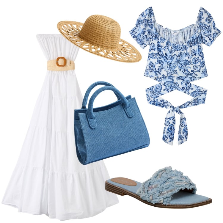 Outfit donna - In campagna con stile. Stile Boho per Tutti i giorni. Abbinamento con bluse, vestiti lunghi, ciabatte, borse a tracolla, cappelli.