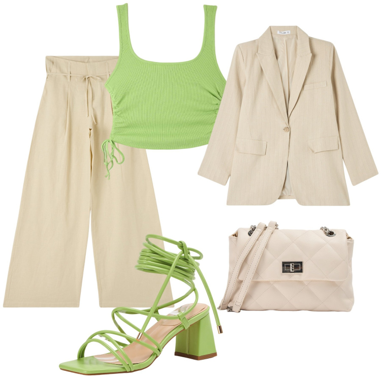 Outfit donna - Verde mela e sabbia mix perfetto. Stile Glamour per Ufficio. Abbinamento con top, pantaloni, blazer, borse a spalla, sandali alla schiava.