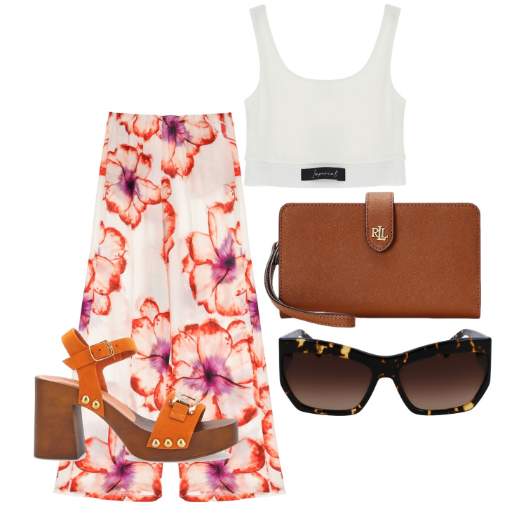 Outfit donna - Ghost outfitter - luglio. Stile Trendy per Tutti i giorni. Abbinamento con pantaloni a palazzo, top, pochette, zoccoli, occhiali da sole.