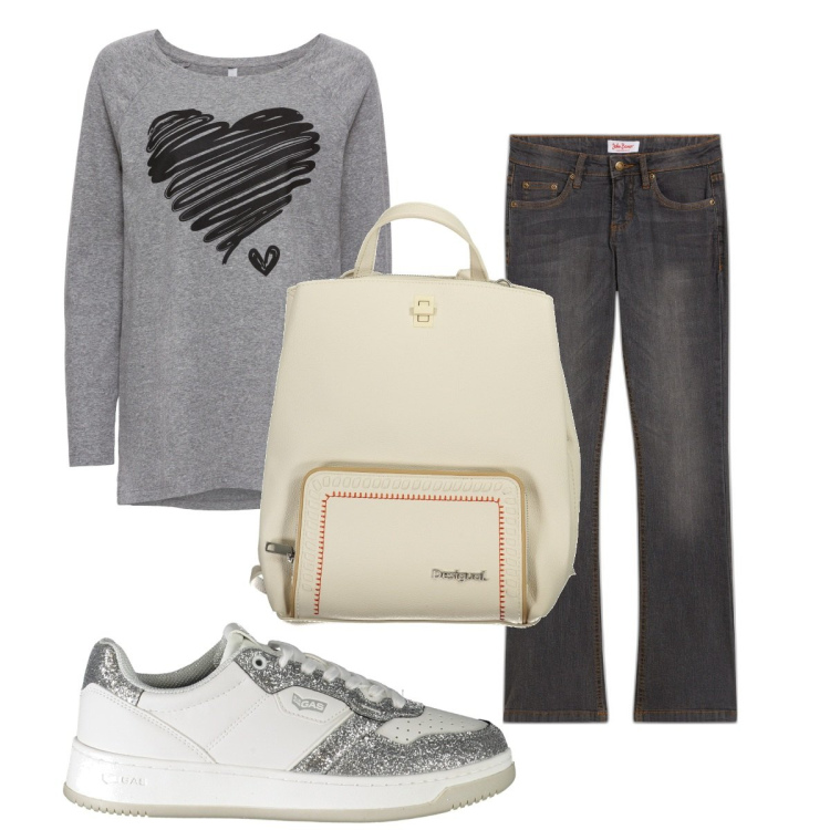 Outfit donna - Total look #1910612. Stile Basic per Tutti i giorni. Abbinamento con jeans bootcut, maglieria, zaini, sneakers.