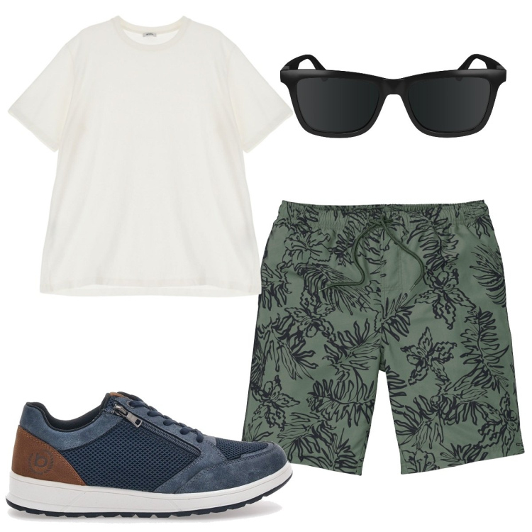 Outfit uomo - Total look #1910623. Stile Trendy per Tutti i giorni. Abbinamento con pantaloni corti, t-shirt, occhiali da sole, sneakers.