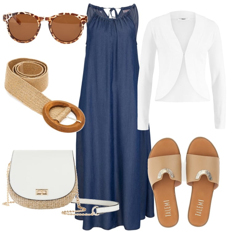 Outfit donna - Summer vibes. Stile Urban per Tutti i giorni. Abbinamento con vestiti, blazer, borse a tracolla, ciabatte, occhiali da sole, cinture.