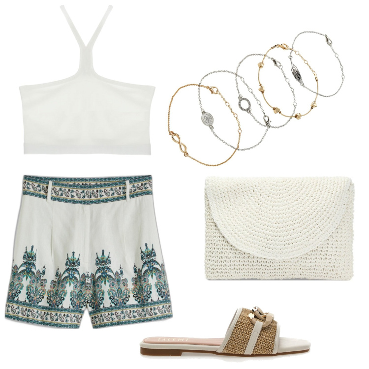 Outfit donna - Festa in spiaggia. Stile Etnico per Mare. Abbinamento con braccialetti con ciondoli, shorts, top, pochette, ciabatte.