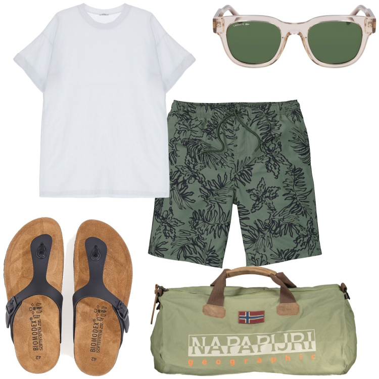 Outfit uomo - Fa caldo. Stile Trendy per Mare. Abbinamento con pantaloni corti, t-shirt, borse sportive, occhiali da sole, sandali.